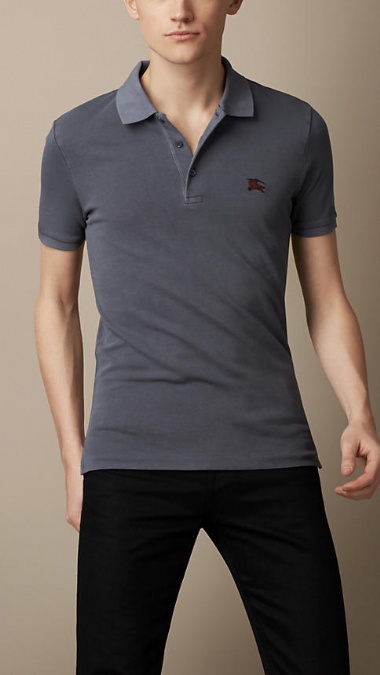 BURBERRY - COTTON JERSEY DOUBLE DYED POLO SHIRT - STEEL BLUE